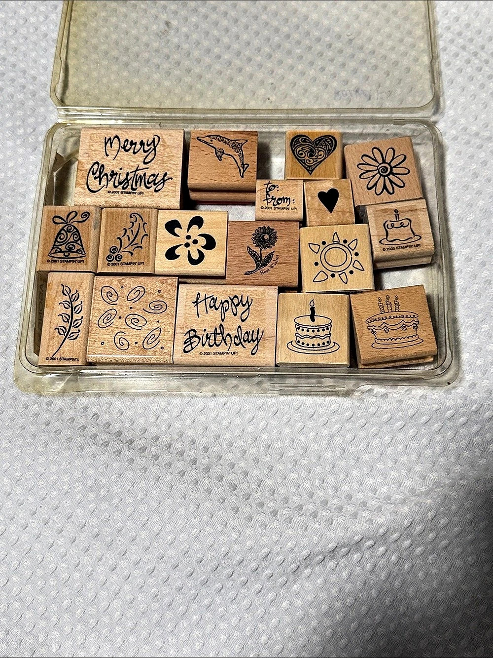 (Lot 1) Wood Rubber Stamp Set merry Christmas birthday cakes hearts and more